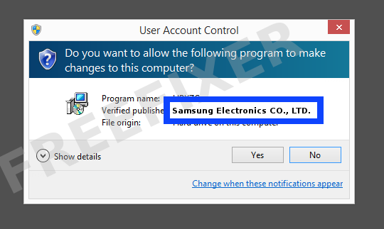 Screenshot where Samsung Electronics CO., LTD. appears as the verified publisher in the UAC dialog